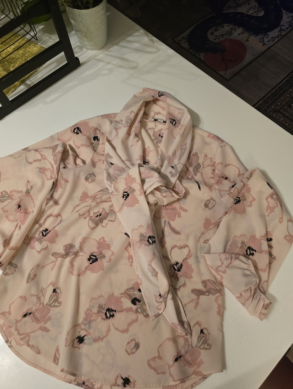 Bar III Blush Pink Floral Tie-Neck Blouse